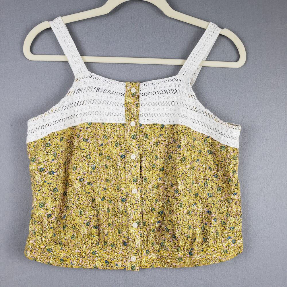 Women's M Square Neck Crop Top Gold Micro Floral White Lace Cottagecore Rustic
